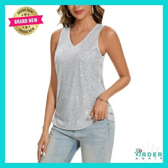Sequin Tank Top Glitter Party Shirt V-Neck Loose Fit Shimmer Blouse Chic - Picture 6 of 8